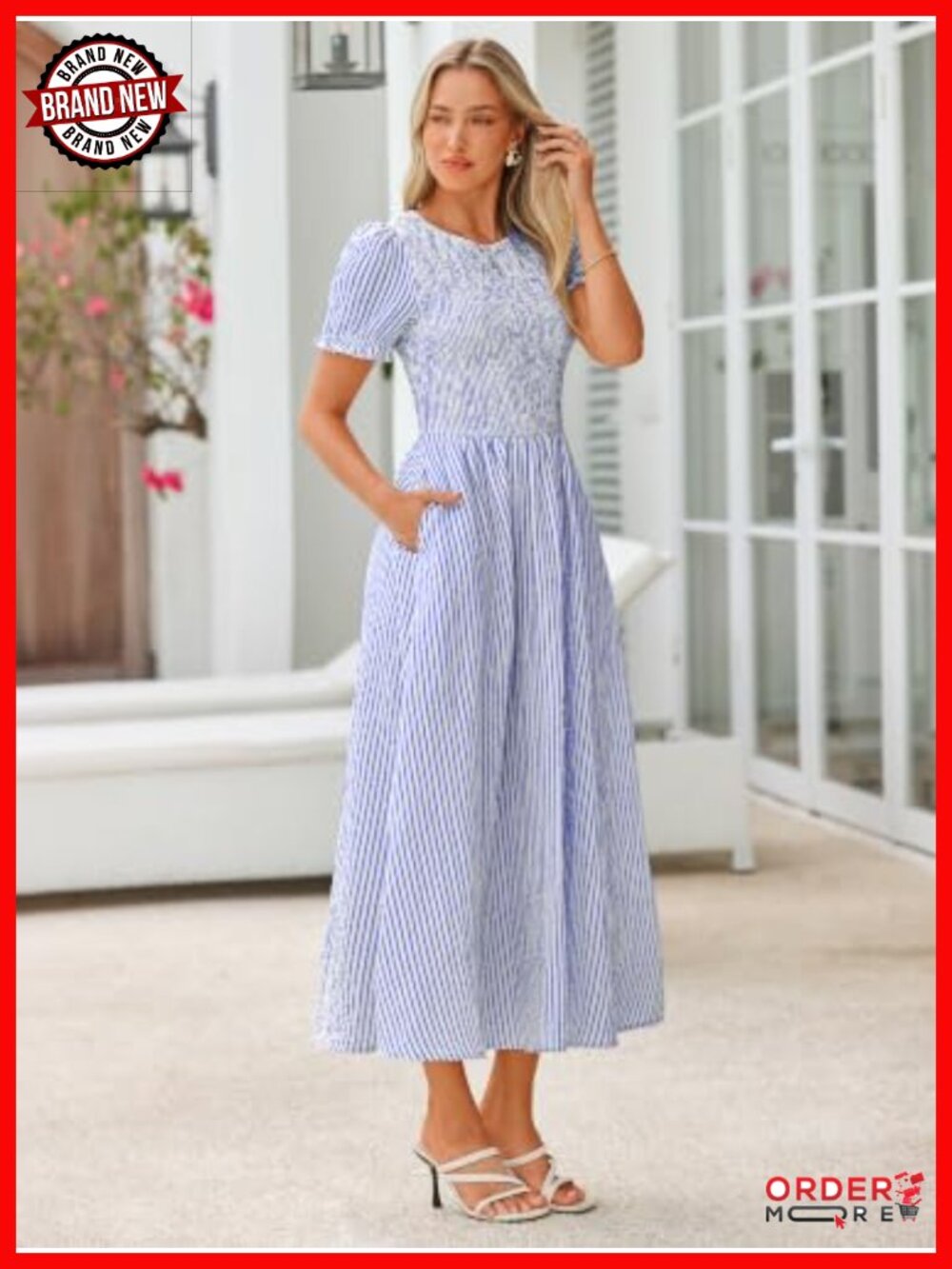 Smocked Puff Sleeve High Waist Midi Dress with Pockets - Picture 3 of 6